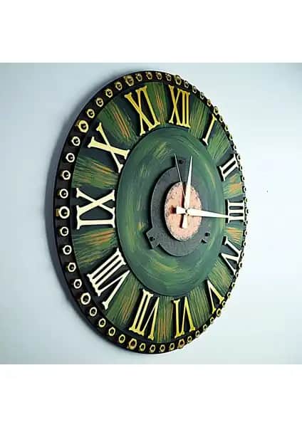 Kayra Tasarım Ahşap Duvar Saati 50 cm Yeşil Roma Tarzı Dekoratif Tasarım