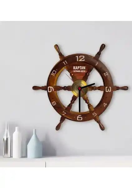 Kişiye Özel Tekne Dümeni Temalı Ahşap Duvar Saati Dekoratif ve Özgün Tasarım