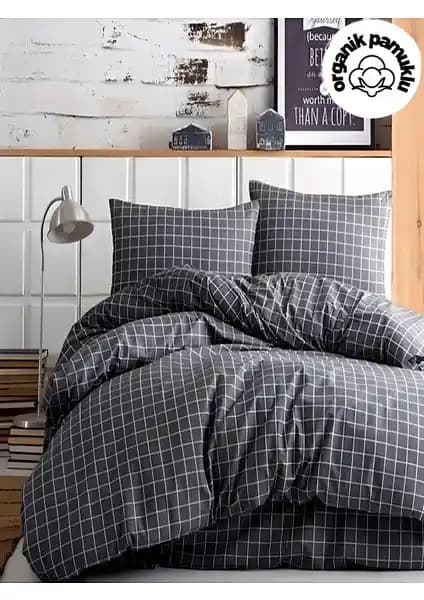 Lotusline Home Minikaro Füme Çift Kişilik Nevresim Seti Modern Tasarım ve Dayanıklılık