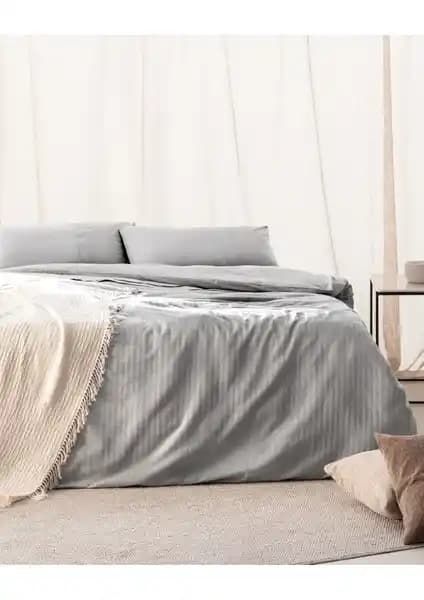 Madame Coco Adrien Çift Kişilik %100 Pamuklu Çizgili Gri Nevresim Takımı