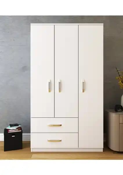 Metalia 3 Kapaklı 2 Çekmeceli Beyaz Gardırop Modern Tasarım ve Fonksiyonellik