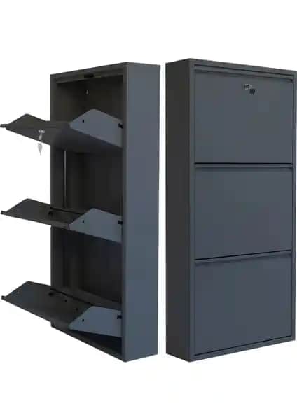 Mobilya Pratik Kilitli 3'lü Metal Ayakkabılık Antrasit Renkli Dayanıklı Tasarım