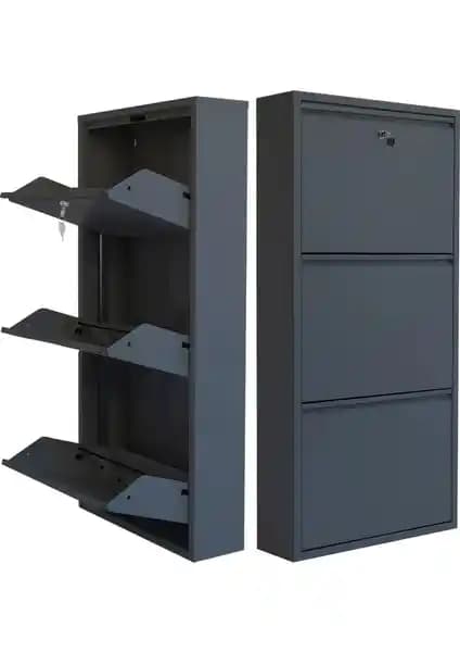 Mobilya Pratik Kilitli 3'lü Metal Ayakkabılık Antrasit Renkli Dayanıklı Tasarım