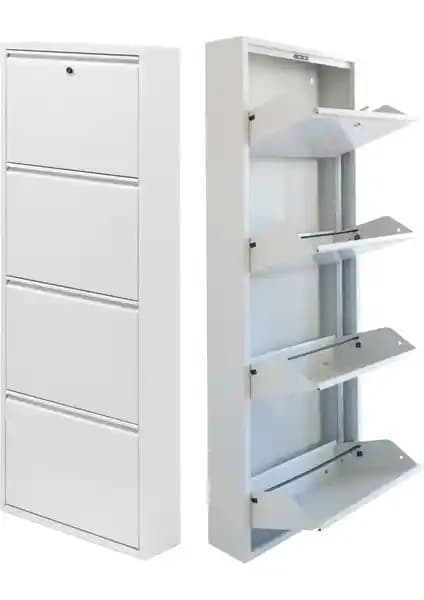 Mobilya Pratik Kilitli 4'lü Metal Ayakkabılık Beyaz Renkli Dayanıklı ve Güvenli Saklama Çözümü