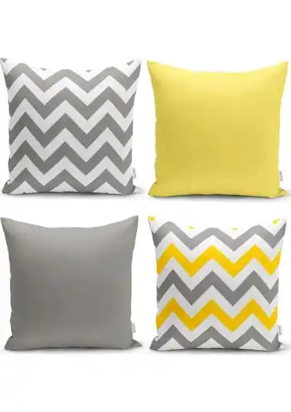 Modern Dekorasyon İçin Sarı ve Gri Zigzag Motifli Dijital Baskılı Kırlent Kılıfı Seti