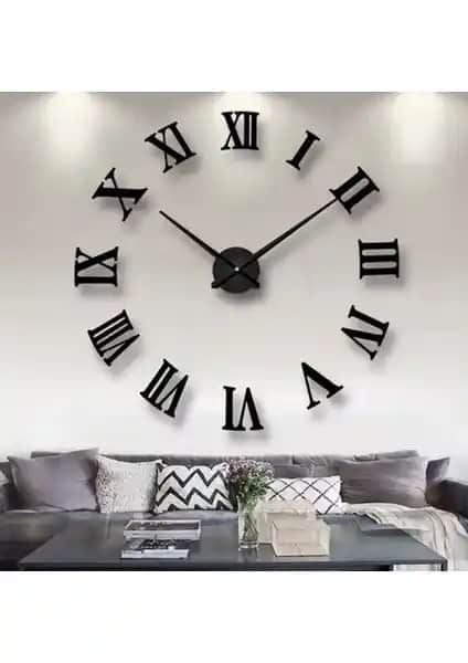 Modern Siyah 3D Roma Rakamlı Duvar Saati – Şık ve Minimalist Dekorasyon Parçası