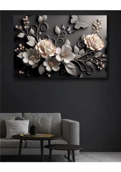 Modern Siyah Çiçekler Temalı Kabartmalı Kanvas Duvar Tablo 70x50 cm