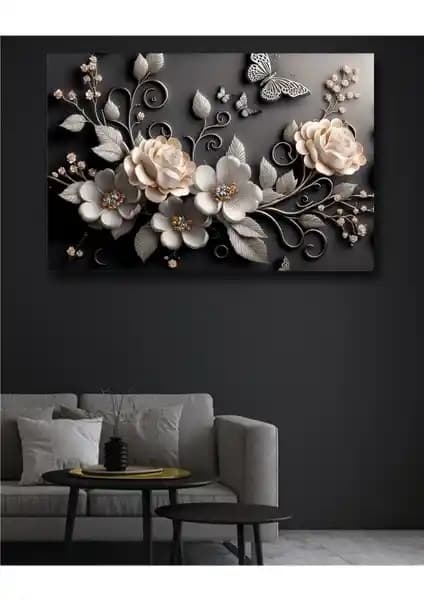 Modern Siyah Çiçekler Temalı Kabartmalı Kanvas Duvar Tablo 70x50 cm