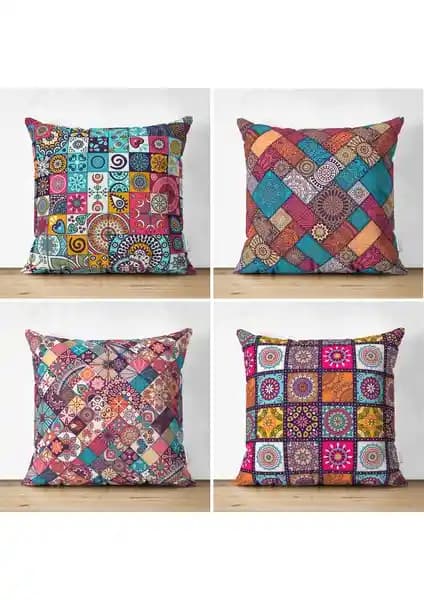 Modern ve Şık Dekoratif Kilim Desenli 4'lü Süet Yastık Kılıf Seti | Uzun Ömürlü ve Sağlıklı Kullanım