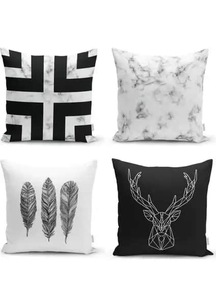 Modern ve Şık Siyah ve Mermer Desenli 4'lü Kırlent Kılıfı Seti - Estetik ve Fonksiyonellik