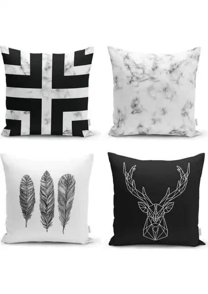 Modern ve Şık Siyah ve Mermer Desenli 4'lü Kırlent Kılıfı Seti - Estetik ve Fonksiyonellik