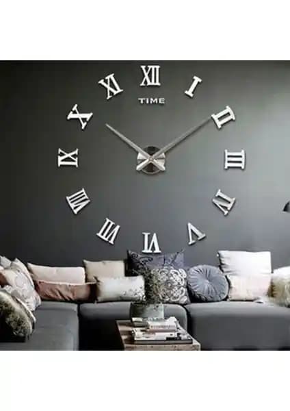 Mrv Dekor Modern 3D Roma Rakamlı Gümüş Duvar Saati Dekoratif Tasarım