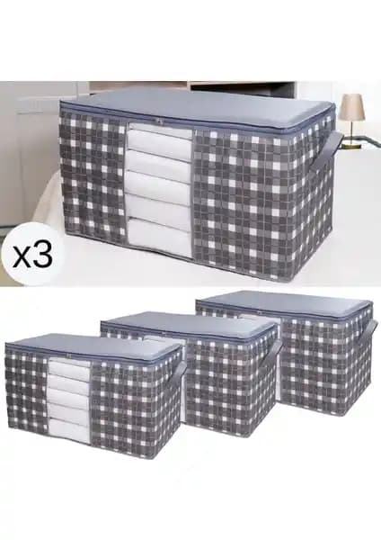 Nacarev 3 Adet Mega Boy Pencereli Hurç Seti Gri Ekose Desenli Pratik Saklama Çözümü