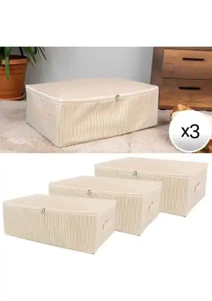 Nacarev 3'lü Büyük Boy Çizgi Desenli Krem Hurç Seti Ev Düzenleme İçin Pratik Çözüm