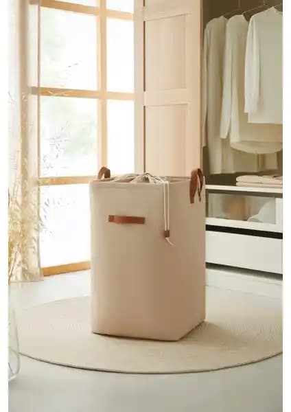 Ocean Home Textile Bej Kumaş Katlanır Çamaşır Sepeti Geniş Hacim ve Şık Tasarım Özellikleri
