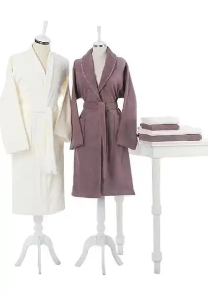 Özdilek Pamuk Orkide Aile Bornoz Seti Krem ve Mürdüm Renk Seçenekleriyle Şık ve Dayanıklı