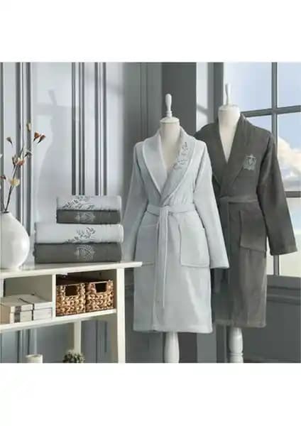 Özdilek Soft Leaf Aile Bornoz Seti Gri-Antrasit Yüksek Kalite Pamuklu Şık Tasarım