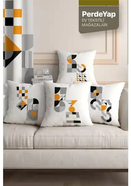 PerdeYap Minimal Geometrik Desenli Dijital Baskılı 4'lü Yastık Kılıfı Ev Dekorasyonu İçin