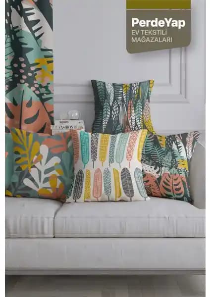 PerdeYap Renkli Tüyler Desenli 4'lü Dijital Baskılı Kırlent Kılıfı Şıklık ve Konfor Sunar