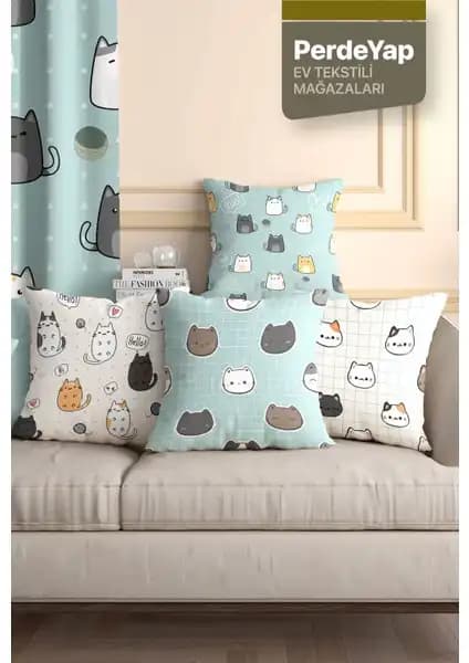 PerdeYap Sevimli Kediler Desenli Kadife Kırlent Kılıfı Seti Modern Ev Dekorasyonu İçin