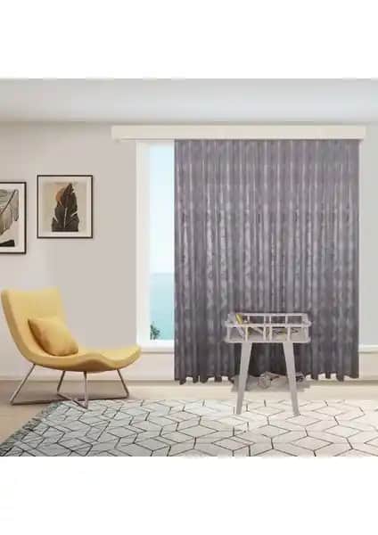 Perhal Damaks Osmanlı Desenli Gri Tül Perdeler Kırışmaz Dayanıklı ve Özelleştirilebilir