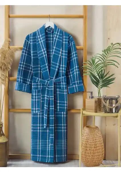 Philippus Erkek Yazlık Ekose Mavi Şal Yaka Bornoz Konfor ve Şıklık Sunar