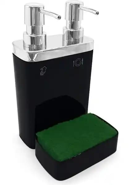 Primanova Viva Siyah 2'li Sıvı Sabunluk ve Süngerlikli Modern Mutfak Aksesuarı