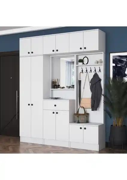 Rani EA104 Portmanto Beyaz Çekmeceli Aynalı Modern Antre Dolabı 226.4 cm yüksekliğinde