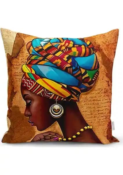 RealHomes Afrika Kadını Çizimli Dijital Baskılı Modern Yastık Kılıfı 43x43 cm ev dekorasyonunda şıklık sağlar