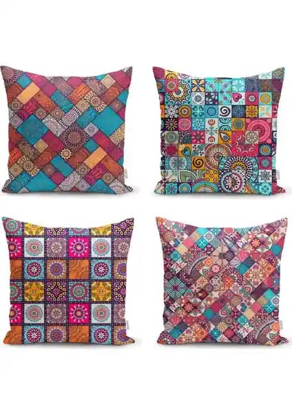 RealHomes Dekoratif Mozaik Desenli 4’lü Yastık Kırlent Kılıf Seti Ev Dekorasyonunda Şıklık ve Kalite