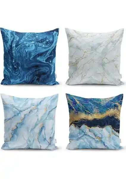 RealHomes Mavi ve Gold Uyumu 4'lü Kırlent Kılıfı Seti Modern Dekorasyon İçin Uygun