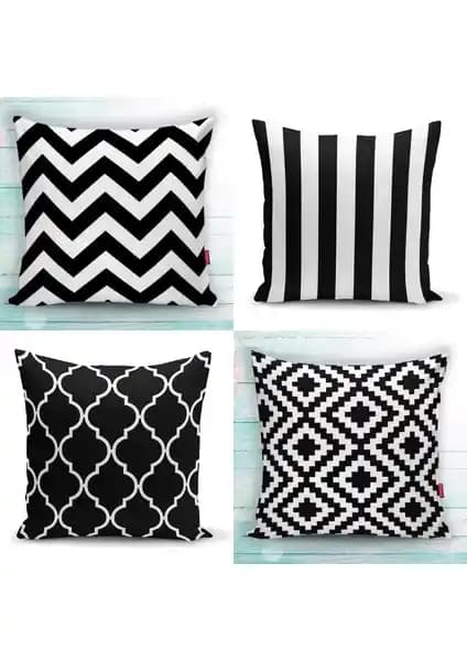 RealHomes Siyah Beyaz 4'lü Kombin Kırlent Kılıfı Seti Modern ve Şık Dekorasyon İçin