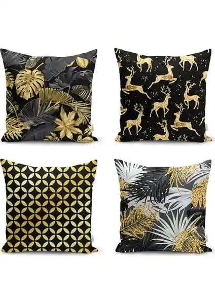 RealHomes Siyah Zemin Altın Varaklı Dekoratif Kılıf Seti 4'lü Modern ve Şık Ev Dekorasyonu