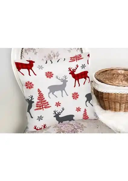 RealHomes Yılbaşı Motifleri Dijital Baskılı Beyaz Yastık Kılıfı 43x43 cm