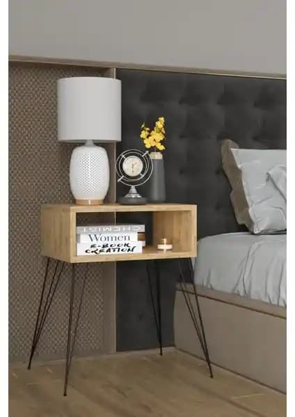 Remaks Elit Metal Ayaklı Komodin Meşe Renk Modern ve Dayanıklı Tasarım