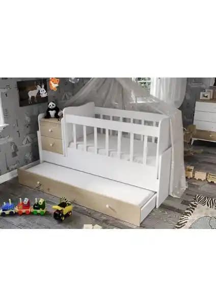 Sansa Sallanır Büyüyen Yavru Yataklı MDF Beşik Güvenli ve Çok Fonksiyonlu Bebek Yatağı