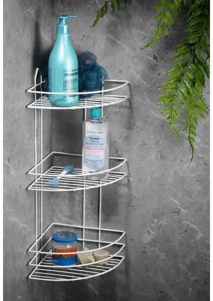 Sas Ömür Boyu Paslanmaz 3 Katlı Köşe Süngerlik Duş Rafi Beyaz - Dayanıklı ve Pratik Banyo Saklama Çözümü