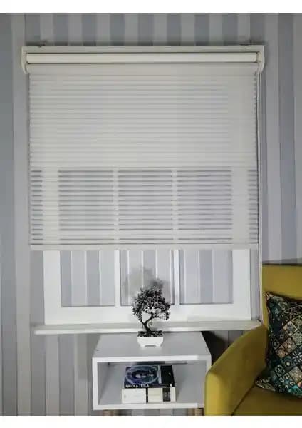 Serin Home Collection Krem Çizgili Çift Mekanizma Stor Tül ve Güneşlik Perde