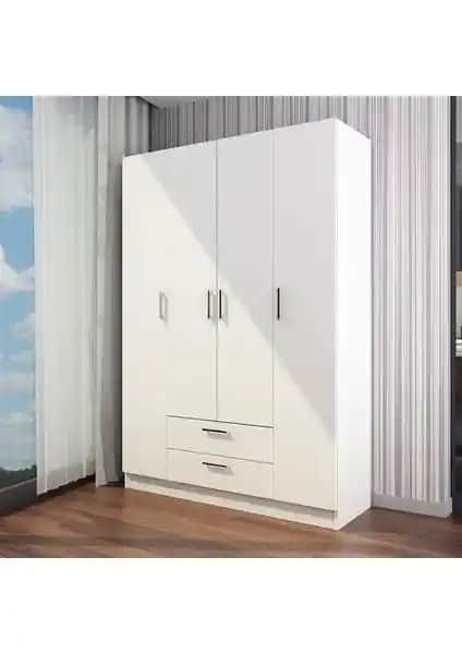 T Designo Sena 4 Kapaklı 2 Çekmeceli Beyaz Gardırop Modern ve Şık Depolama Çözümü