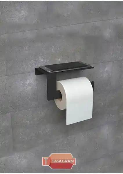 Tasagram Metal Siyah Telefon Raflı Tuvalet Kağıtlık Modern ve Dayanıklı Banyo Aksesuarı