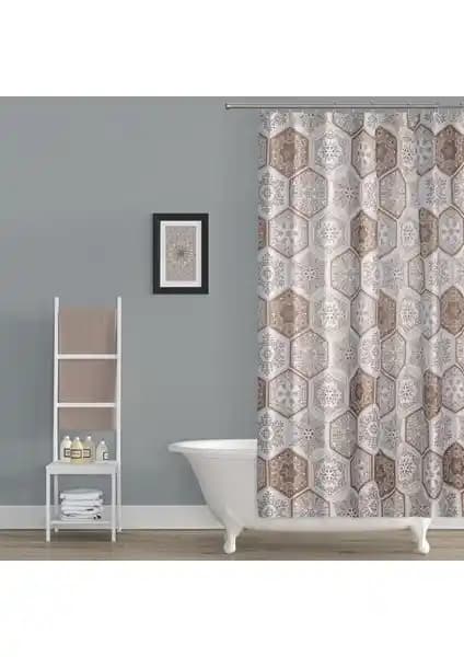 Tropik Home Kahverengi Şal Desenli Duş Perdesi Modern ve Dayanıklı Banyo Dekorasyonu İçin