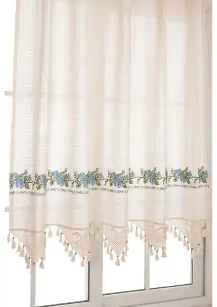 Tuncay Tekstil Mavi Kanaviçeli El Dantelli Keten Perde Ev Dekorasyonunda Şıklık ve Doğallık