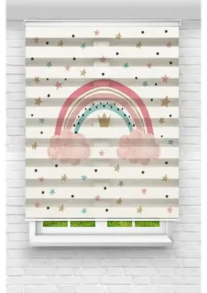 Vanilya Çocuk Odası Zebra Perde Renkli Gökkuşağı ve Yıldız Desenli Çocuk Odası Dekorasyonu