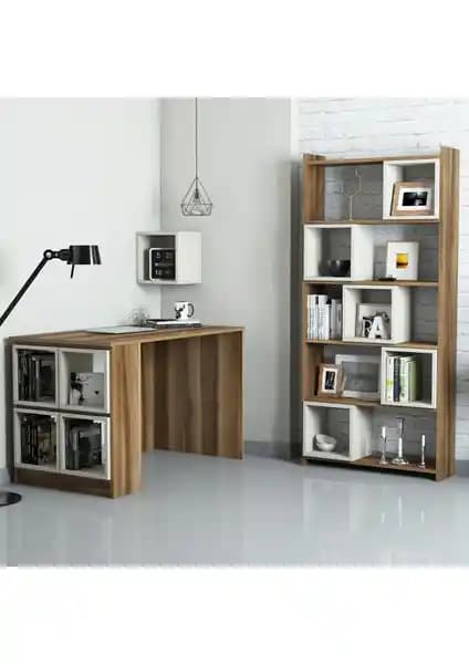 Variant Mobilya Box Çalışma Masası ve Kitaplık Takımı Ceviz ve Krem Renk Alternatifleri
