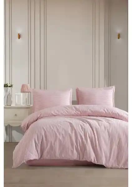 Varol Lastikli Saten Çizgili Çift Kişilik Nevresim Takımı Pudra Renkli Modern Tasarım