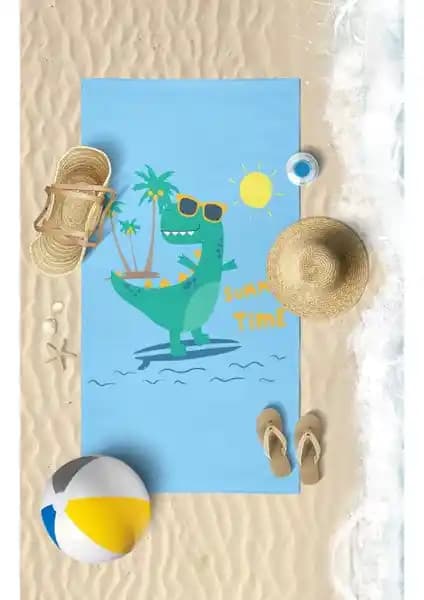 Vevien Home Surf Dino 2 Çocuk Plaj Havlusu Renkli Baskı ve Dayanıklı Malzeme Özellikleri