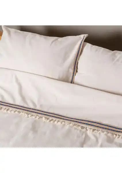 Vivamaison Keten Jüt Ponponlu Çift Kişilik Nevresim ve Yastık Seti Doğal ve Şık Tasarım