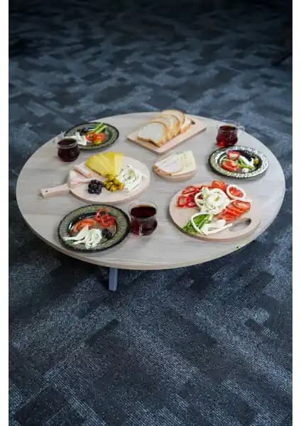 Zevahir Mobilya Ahşap Desenli Metal Katlanır Yuvarlak Yer Sofrası Kamp ve Bahçe Kullanımı İçin