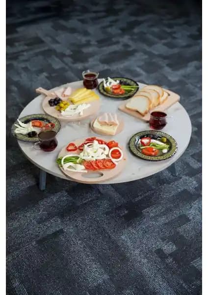 Zevahir Mobilya Royal Mermer Desenli Metal Katlanır Yuvarlak Yer Sofrası Günlük ve Dış Mekan Kullanımı İçin