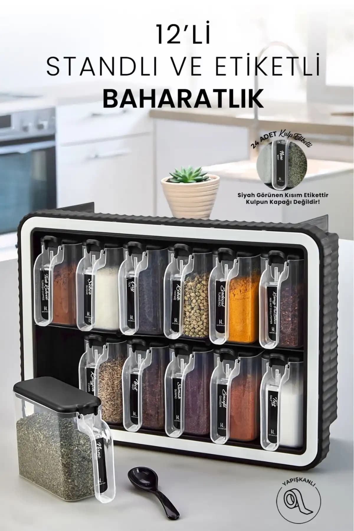 Modern ve Fonksiyonel Kitchen Life 12'li Kendinden Yapışkanlı Baharatlık Takımı